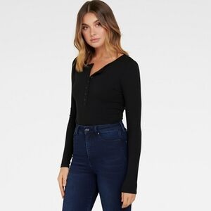Ever New Black Ribbed Jersey Button Front Henley Top Slim Fit